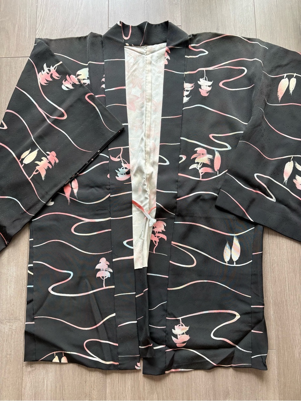Vintage Black silk Kimono with Pink and White Swirl Pattern